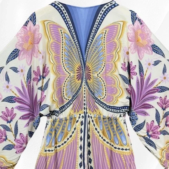 Farm Rio Butterfly Floral Print Kimono Sleeve Dress Bohemian Style - Picture 7 of 10